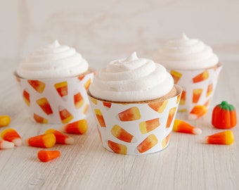 Printable Candy Corn Cupcake Wrappers - Instant download Halloween party printables. Cute watercolor candy corn pattern design kids nonscary