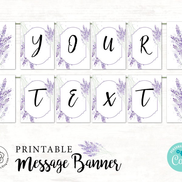 Lavender Message Banner: Rectangle lavender flowers bunting you edit in Corjl to create personalized banners. Watercolor lavender floral.