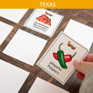 Texas Memory-Spiel - DRUCKBARE herunterladbare Aktivität PDF. Memory Spiel. 36 Bildkarten, die Symbole und Aspekte des US Bundesstaates darstellen.