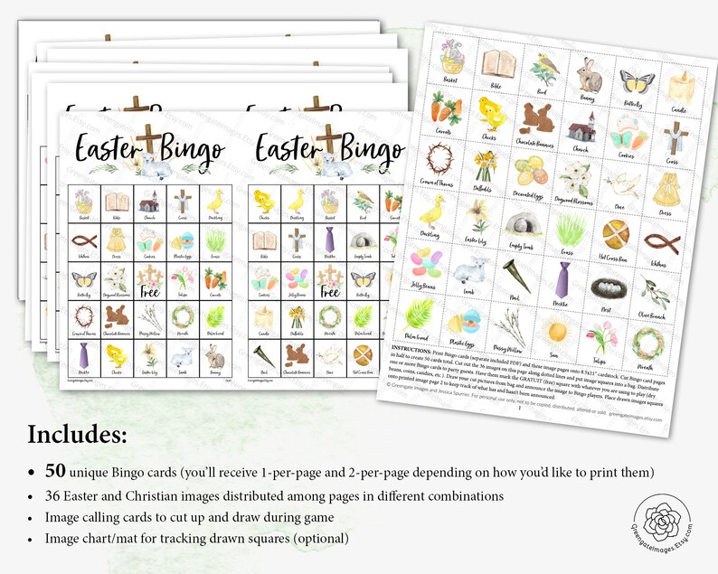 Christian Easter Bingo: 50 printable unique cards, Resurrection church game, Sunday school, kids game, seniors activity, religious holiday image 3