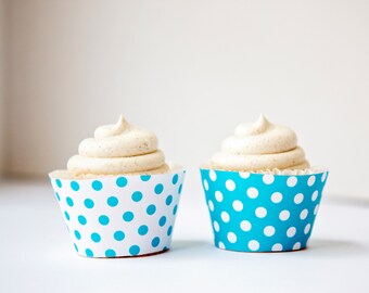 Aquamarine Polka Dot Cupcake Wrappers - INSTANT DOWNLOAD, turquoise blue and white, printable cupcake wraps, party printable, bridal shower