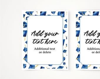Graduation Sign Template - ROYAL BLUE grad caps. Editable in Corjl, 8.5x11" sign, letter size flyer, A4 sign, mortar board, gold tassels.