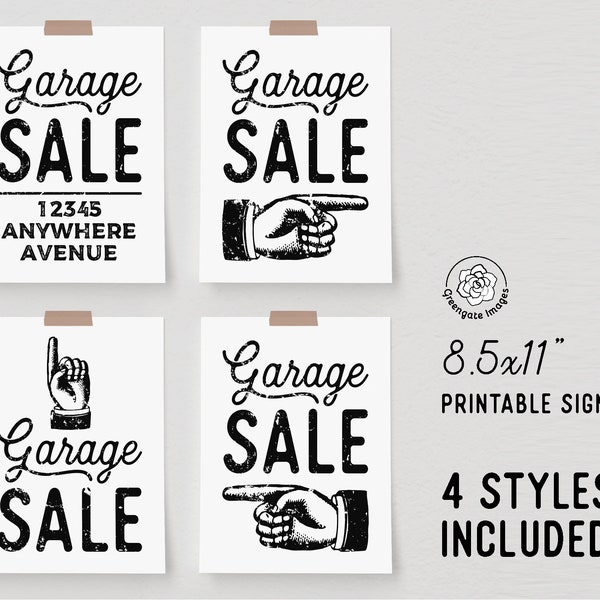 8.5x11" Garage Sale Signs - PRINTABLE 4-pack of signs with directional arrow and place to enter address or other text. Edit in Adobe Reader.