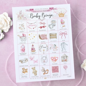 Bingo para baby shower de PRINCESAS: 100 tarjetas exclusivas. Juego personalizado en formato PDF para imprimir para grupos de distintos tamaños. Edita el texto del título y añade una foto.