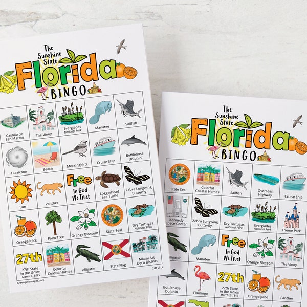 Florida Bingo Cards - 50 PRINTABLE unique cards you download instantly. Fun FL state activity for kids-seniors. Educational homeschool game.