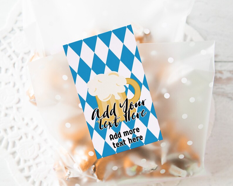 May include: Blue and white diamond patterned gift tag with a cartoon illustration of a beer stein. The tag says "Add your text here" and "Add more text here".