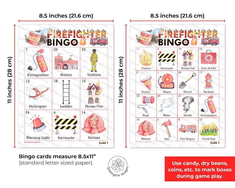 Firefighter Bingo for Kids - 50 PRINTABLE Unique Cards. 3x3 & 4x4 Large ...