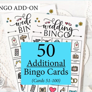 ADICIONAL: 50 cartões de Bingo de Casamento coloridos adicionais (numerados de 51 a 100) para acompanhar o jogo original, vendido separadamente