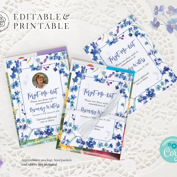 Forget-Me-Not Seed Packet Tags - PRINTABLE 3x4" tags that can be attached to pack of seeds Memorial/remembrance tag Celebration of Life idea