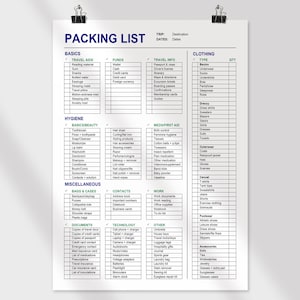 May include: A printable packing list checklist with categories for basics, travel aids, funds, travel info, hygiene, meds/first aid, miscellaneous, bags & cases, documents, contacts, technology, work, other, and clothing. The list includes items such as toiletries, clothing, electronics, and travel documents.
