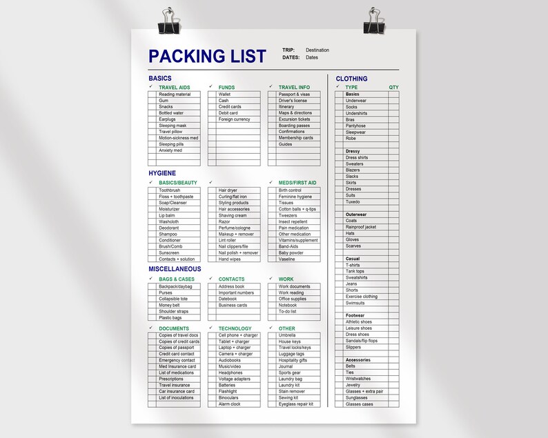 May include: A printable packing list checklist with categories for basics, travel aids, funds, travel info, hygiene, meds/first aid, miscellaneous, bags & cases, documents, contacts, technology, work, other, and clothing. The list includes items such as toiletries, clothing, electronics, and travel documents.
