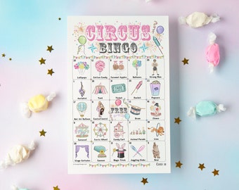 Circus Bingo - 50 PRINTABLE unique cards. Instant digital download PDF. Fun, cute activity for little girls circus-themed birthday party.