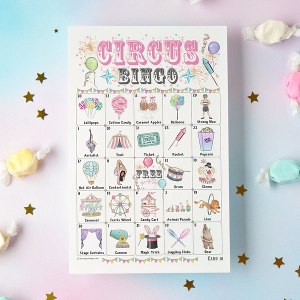 Circus Bingo - 50 PRINTABLE unique cards. Instant digital download PDF. Fun, cute activity for little girls circus-themed birthday party.