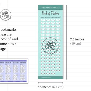 May include: A printable Bible reading tracker bookmark for the Book of Psalms. The bookmark is 7.5 inches tall and 2.5 inches wide. It features a light blue background with white circles for marking off each chapter. The bookmark also includes a small green succulent illustration.