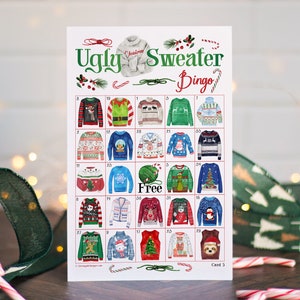 Bingo de suéter feio de Natal - 50 cartões exclusivos IMPRIMÍVEIS. Download digital instantâneo em PDF. Atividade divertida para festas de suéter feio em casa/escritório.