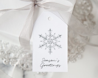 Silver Snowflake Gift Tags - PRINTABLE template that you edit on the Corjl website. Simple, minimalist, bag tag. Winter wedding favor ideas.