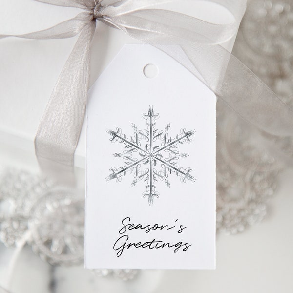 Silver Snowflake Gift Tags - PRINTABLE template that you edit on the Corjl website. Simple, minimalist, bag tag. Winter wedding favor ideas.