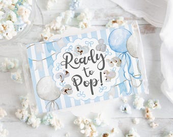 Baby Shower Popcorn Wrapper - PRINTABLE microwave popcorn wrapper. She's ready to pop shower favor. Striped it's a boy birth announcement.