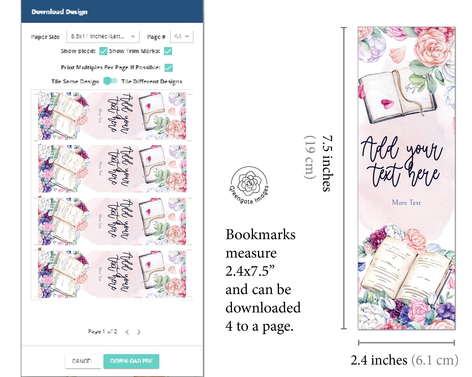 Bookmark Rhemes Floral Bookmark Template - PRINTABLE and Editable. Personalize in Corjl ...