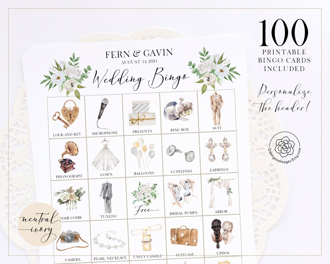 Wedding Bingo Cards: 100 Cards, PRINTABLE Bingo Pdf, Personalized Ivory ...