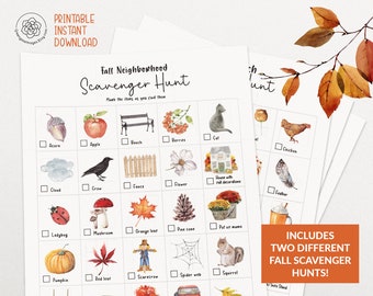 Fall Scavenger Hunts - Printable Elementary Kids Games - Fall Neighborhood Walk Outdoors Scavenger Hunt - Pumpkin Patch Farm Scavenger Hunt