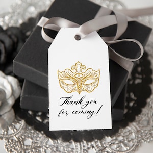 GOLD Masquerade Gift Tag - PRINTABLE - Corjl editable, favor hang tags, Mardi Gras, masquerade ball, sparkly Venetian mask, birthday party.