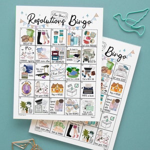 New Year's Auflösungen Bingo - 50 einzigartige Karten zum Ausdrucken. Sofortiger digitaler Download PDF. Neujahres Torespiel für Jugendliche und Erwachsene.