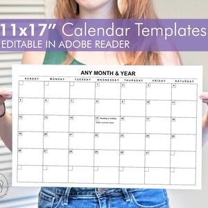 11x17 Calendar Template - Editable Landscape Calendar, Any Month, A3 ...