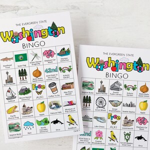 Cartões de Bingo de Washington - 50 cartões exclusivos IMPRIMÍVEIS que você baixa instantaneamente. Atividade divertida de WA para crianças e idosos. Jogo educacional para educação domiciliar.