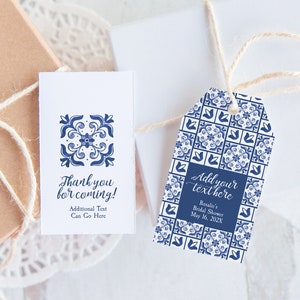 Talavera Gift Tags - Blue and white tile design, Corjl editable, favor tags, hang tag, bag tag, Mediterranean bridal shower, spanish italian