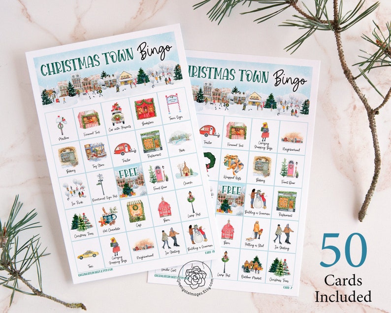 May include: A set of 50 Christmas Town Bingo cards. Each card features a grid of 25 squares with different illustrations of winter scenes, including a Christmas tree, a snowman, a gingerbread house, and a toy store. The cards are printed on white cardstock with a green border.