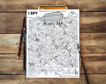 Noah's Ark I Spy - Printable Bible activity for kids & adults. Black and white coloring page with 40 hidden pictures (5 each of 8 images).