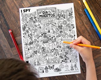 Dia de los Muertos I Spy - Printable activity for kids & adults. Whimsical black and white coloring page with 40 hidden Day of the Dead pics