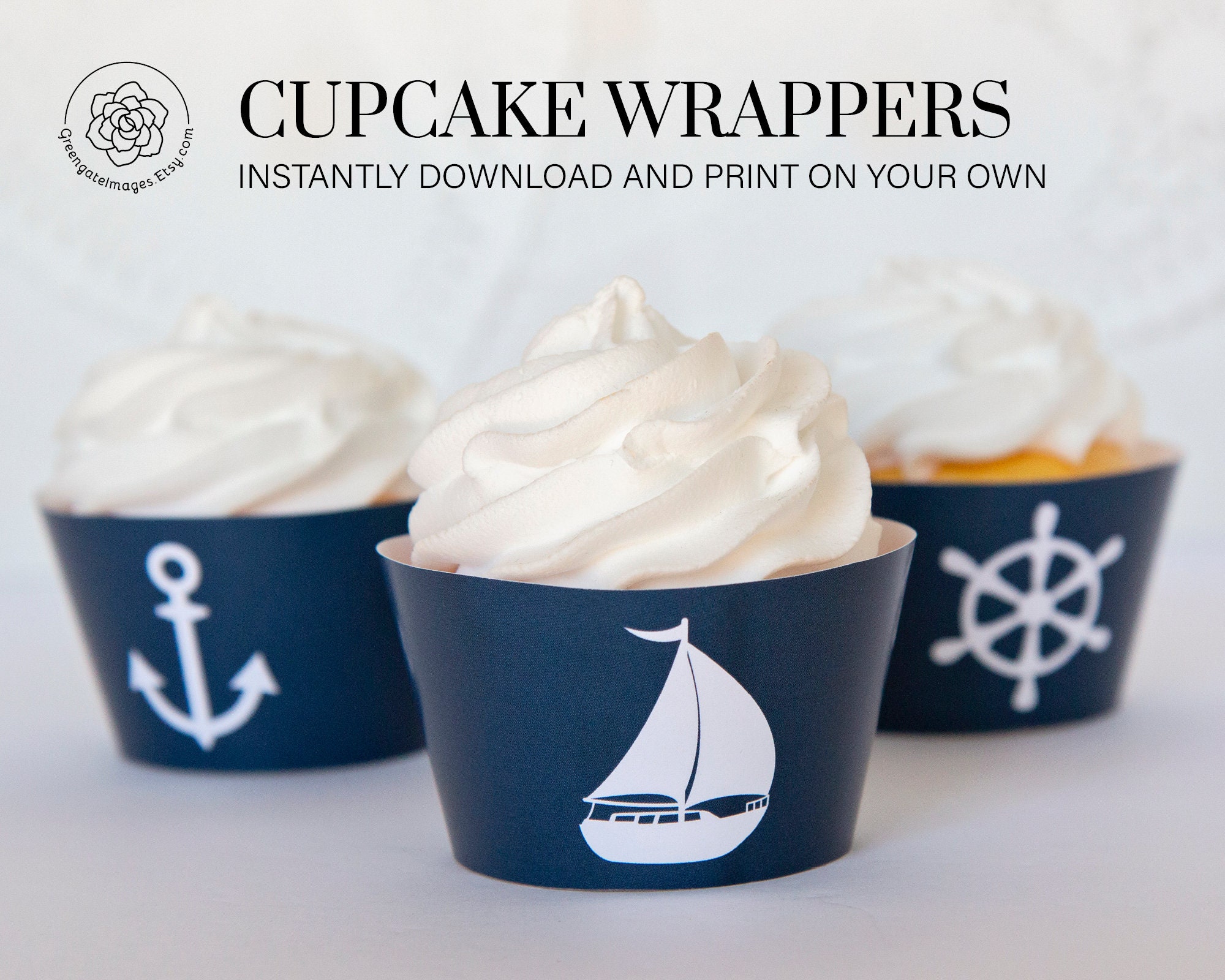 Nautical Cupcake Wrappers - printable cupcake wrap, navy nautical, boy birthday ideas, baby shower, sailboat anchor, ship wheel, retirement