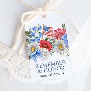 Étiquette cadeau floral patriotique - imprimable et modifiable Corjl / fleur drapeau américain aquarelle / étiquette volante / étiquette de sac de faveur / idée funérailles militaire