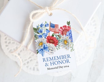 Patriotic Floral Gift Tag - Printable & Corjl Editable / Watercolor American Flag Flower / Hang Tag  / Favor Bag Tag / Military Funeral Idea