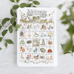 Nesting Party Bingo - 50 CARTE DA BINGGO STAMPABILI e uniche. Gioco alternativo per baby shower adatto a entrambi i sessi. Tema botanico e neutro.