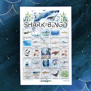 Shark Bingo - 50 PRINTABLE unique cards. Shark species, habitats, prey/food sources included. Hand-painted watercolor. Instant download PDF.