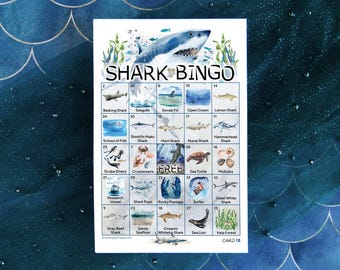 Shark Bingo - 50 PRINTABLE unique cards. Shark species, habitats, prey/food sources included. Hand-painted watercolor. Instant download PDF.