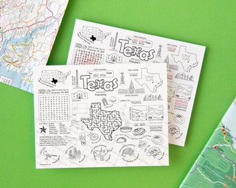 PRINTABLE Texas Activity Page - Instant download PDF game for kids. TX state facts, word search, maze, unscramble 8.5x11" coloring placemat.
