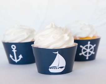 Nautical Cupcake Wrappers - printable cupcake wrap, navy nautical, boy birthday ideas, baby shower, sailboat anchor, ship wheel, retirement