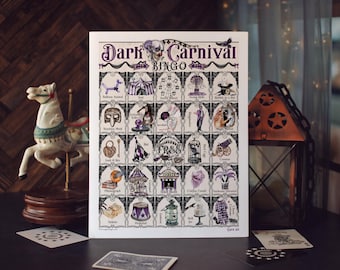 Dark Carnival Bingo - Creepy game for haunted vintage circus parties and events.  50 PRINTABLE unique cards. Instant digital download PDF.