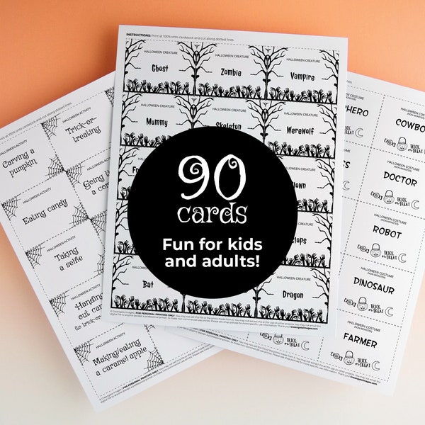 Halloween Charades Cards - 90 PRINTABLE items in 6 categories. Instant digital download PDF. Elementary school-age kids, preteens, teenager.