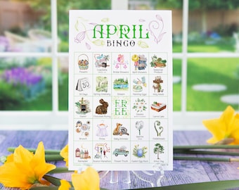 April Bingo - 50 PRINTABLE unique cards. Instant digital download PDF. Fun activity for Easter, spring, potlucks, seniors, and homeschool.