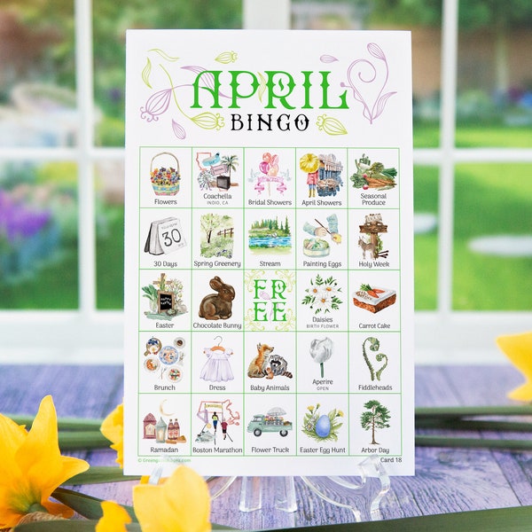 April Bingo - 50 PRINTABLE unique cards. Instant digital download PDF. Fun monthly activity for spring, potlucks, seniors, and homeschool.