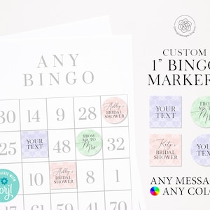 Bingo Markers - 1 INCH printable squares - 1 inch circle punch - Customize yourself in Corjl. Personalized bingo chips for bridal shower.