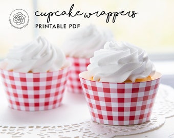 Gingham Cupcake Wrappers - PRINTABLE cupcake wrap, red and white check, picnic blanket, picnic printables, red white plaid, bbq party ideas