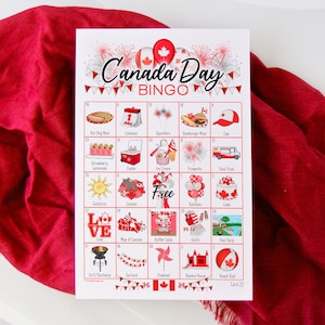 Bingo do Dia do Canadá - 50 cartões exclusivos para IMPRIMIR. Ideia para festa de 1º de julho, piquenique com churrasco na piscina, patriotismo, atividade para idosos, jogo para adultos e crianças.
