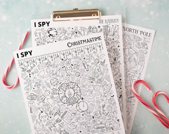 Christmas I Spy Bundle - PRINTABLE - Answer Key Included! Three 8.5x11" pages: Christmastime, Nativity, North Pole. Instant download PDF.