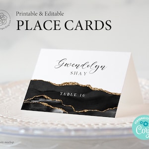 Black & Gold Agate Place Card - Printable Place Card, Editable Table Cards, Buffet Card, Food Sign, Food Labels, Tented Cards, Edit in Corjl
